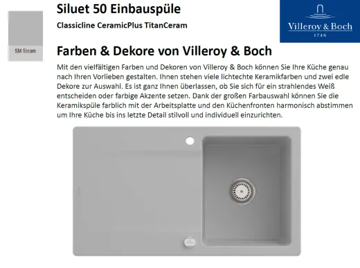 Villeroy & Boch SILUET 50-Classicline Einbausple / Keramiksple aus TitanCeram in Standard Farben