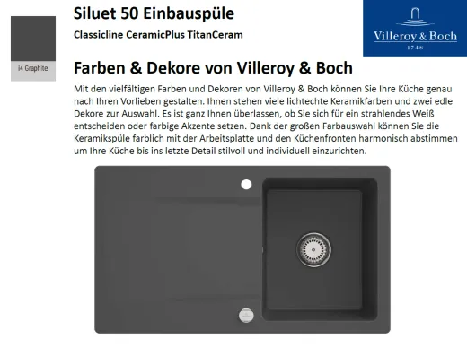 Villeroy & Boch SILUET 50-Classicline Einbausple / Keramiksple aus TitanCeram in Standard Farben