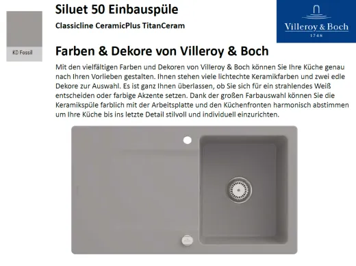 Villeroy & Boch SILUET 50-Classicline Einbausple / Keramiksple aus TitanCeram in Standard Farben