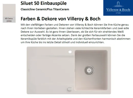Villeroy & Boch SILUET 50-Classicline Einbausple / Keramiksple aus TitanCeram in Standard Farben