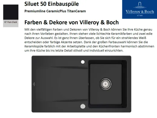 Villeroy & Boch SILUET 50-Premiumline Einbausple / Keramiksple aus TitanCeram in Sonder Farben