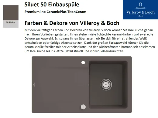 Villeroy & Boch SILUET 50-Premiumline Einbausple / Keramiksple aus TitanCeram in Sonder Farben