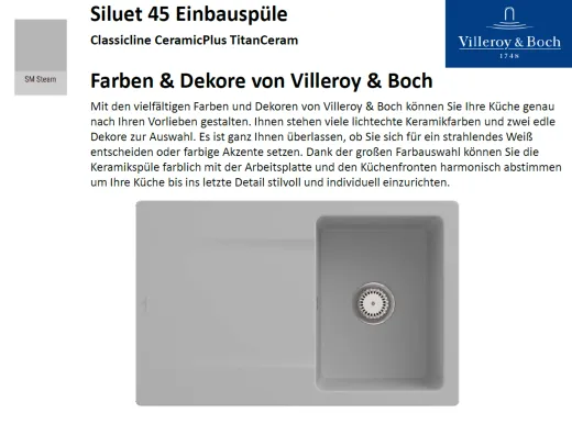 Villeroy & Boch SILUET 45-Classicline Einbausple / Keramiksple aus TitanCeram in Standard Farben