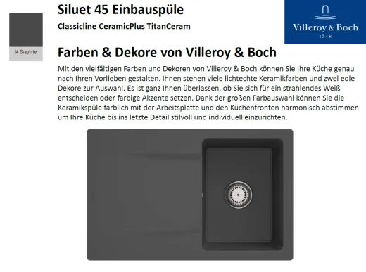 Villeroy & Boch SILUET 45-Classicline Einbausple / Keramiksple aus TitanCeram in Standard Farben