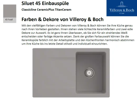 Villeroy & Boch SILUET 45-Classicline Einbausple / Keramiksple aus TitanCeram in Standard Farben