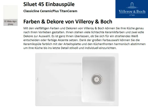 Villeroy & Boch SILUET 45-Classicline Einbausple / Keramiksple aus TitanCeram in Standard Farben