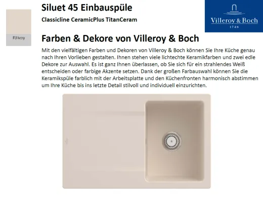 Villeroy & Boch SILUET 45-Classicline Einbausple / Keramiksple aus TitanCeram in Standard Farben