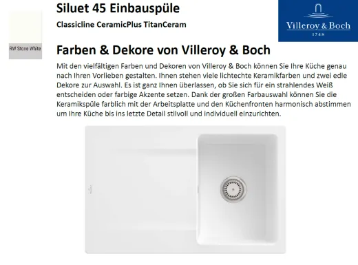 Villeroy & Boch SILUET 45-Classicline Einbausple / Keramiksple aus TitanCeram in Standard Farben