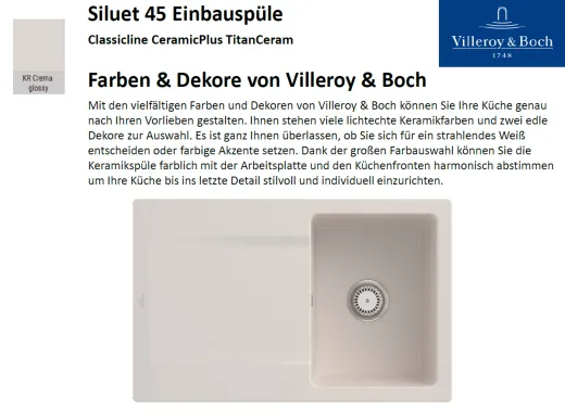 Villeroy & Boch SILUET 45-Classicline Einbausple / Keramiksple aus TitanCeram in Standard Farben