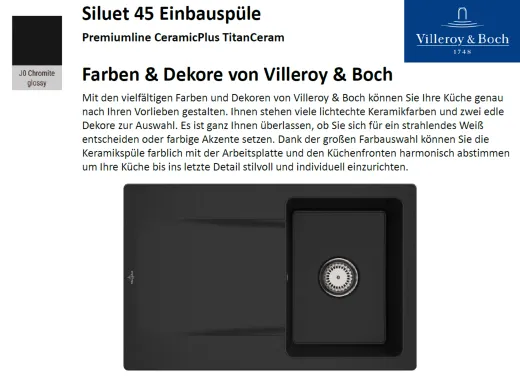 Villeroy & Boch SILUET 45-Premiumline Einbausple / Keramiksple aus TitanCeram in Sonder Farben