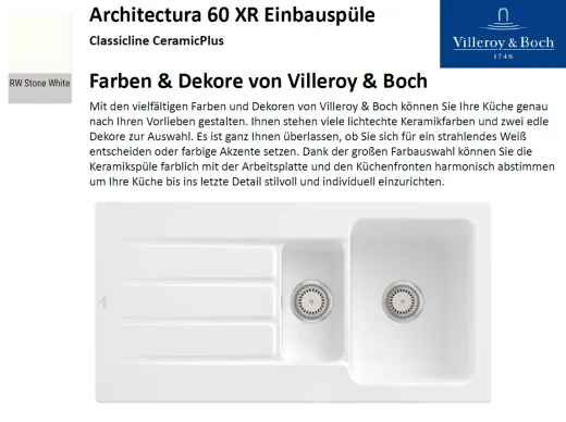Villeroy & Boch ARCHITECTURA 60 XR-Classicline Einbausple / Keramiksple in Standard Farben