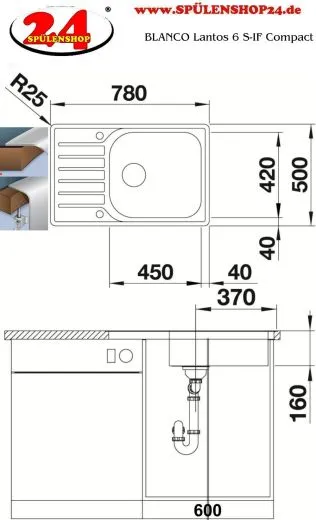 BLANCO Kchensple Lantos 6 S-IF Compact Einbausple / Edelstahlsple Flachrand Siebkorb als Drehknopfventil
