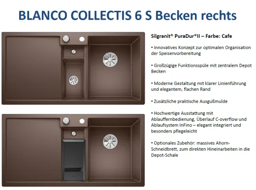 BLANCO Collectis 6 S Silgranit PuraDurII Granitsple / Einbausple Ablaufsystem InFino mit Drehknopfventil