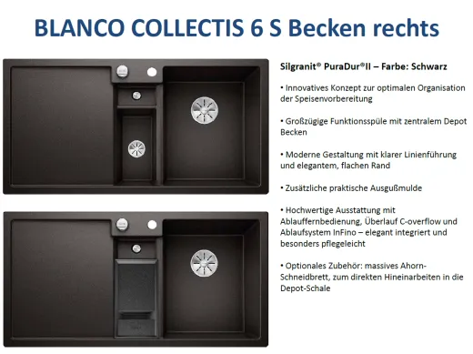BLANCO Collectis 6 S Silgranit PuraDurII Granitsple / Einbausple Ablaufsystem InFino mit Drehknopfventil
