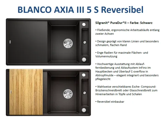 BLANCO Axia III 5 S HSB (Holzschneidbrett) Silgranit PuraDurII Granitsple / Einbausple Ablaufsystem InFino mit Drehknopfventil