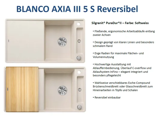 BLANCO Axia III 5 S HSB (Holzschneidbrett) Silgranit PuraDurII Granitsple / Einbausple Ablaufsystem InFino mit Drehknopfventil