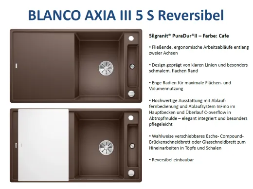 BLANCO Axia III 5 S GSB (Glasschneidbrett) Silgranit PuraDurII Granitsple / Einbausple Ablaufsystem InFino mit Drehknopfventil