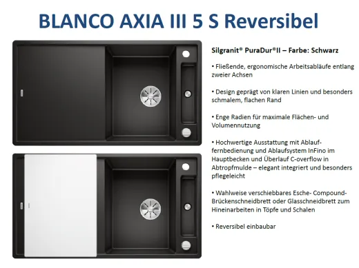 BLANCO Axia III 5 S GSB (Glasschneidbrett) Silgranit PuraDurII Granitsple / Einbausple Ablaufsystem InFino mit Drehknopfventil