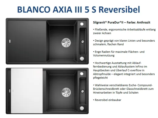 BLANCO Axia III 5 S GSB (Glasschneidbrett) Silgranit PuraDurII Granitsple / Einbausple Ablaufsystem InFino mit Drehknopfventil