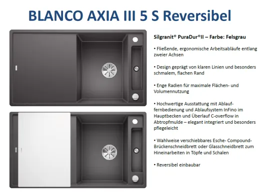 BLANCO Axia III 5 S GSB (Glasschneidbrett) Silgranit PuraDurII Granitsple / Einbausple Ablaufsystem InFino mit Drehknopfventil