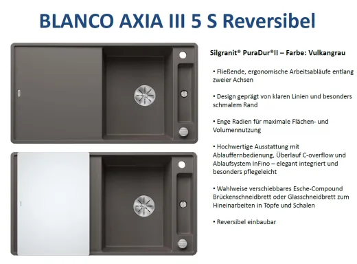 BLANCO Axia III 5 S GSB (Glasschneidbrett) Silgranit PuraDurII Granitsple / Einbausple Ablaufsystem InFino mit Drehknopfventil
