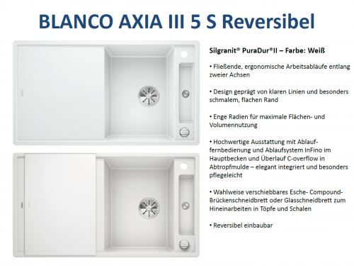 BLANCO Axia III 5 S GSB (Glasschneidbrett) Silgranit PuraDurII Granitsple / Einbausple Ablaufsystem InFino mit Drehknopfventil