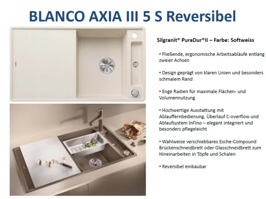 BLANCO Axia III 5 S GSB (Glasschneidbrett) Silgranit PuraDurII Granitsple / Einbausple Ablaufsystem InFino mit Drehknopfventil