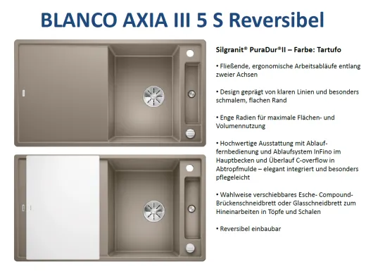 BLANCO Axia III 5 S GSB (Glasschneidbrett) Silgranit PuraDurII Granitsple / Einbausple Ablaufsystem InFino mit Drehknopfventil