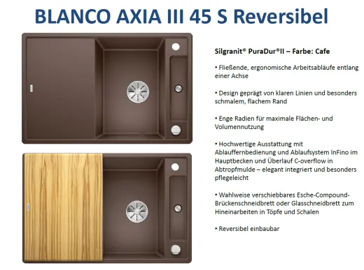 BLANCO Axia III 45 S HSB (Holzschneidbrett) Silgranit PuraDurII Granitsple / Einbausple Ablaufsystem InFino mit Drehknopfventil