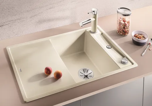 BLANCO Axia III 45 S HSB (Holzschneidbrett) Silgranit PuraDurII Granitsple / Einbausple Ablaufsystem InFino mit Drehknopfventil