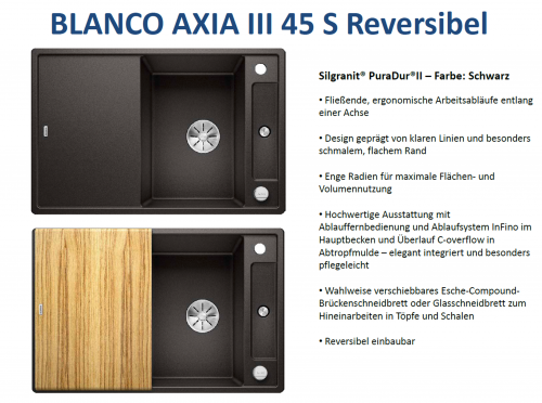 BLANCO Axia III 45 S HSB (Holzschneidbrett) Silgranit PuraDurII Granitsple / Einbausple Ablaufsystem InFino mit Drehknopfventil