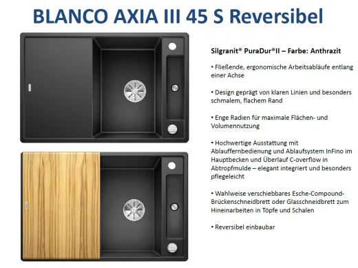 BLANCO Axia III 45 S HSB (Holzschneidbrett) Silgranit PuraDurII Granitsple / Einbausple Ablaufsystem InFino mit Drehknopfventil