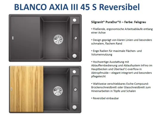 BLANCO Axia III 45 S HSB (Holzschneidbrett) Silgranit PuraDurII Granitsple / Einbausple Ablaufsystem InFino mit Drehknopfventil
