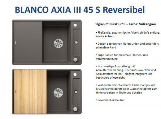 BLANCO Axia III 45 S HSB (Holzschneidbrett) Silgranit PuraDurII Granitsple / Einbausple Ablaufsystem InFino mit Drehknopfventil