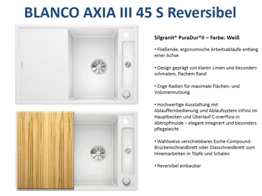 BLANCO Axia III 45 S HSB (Holzschneidbrett) Silgranit PuraDurII Granitsple / Einbausple Ablaufsystem InFino mit Drehknopfventil