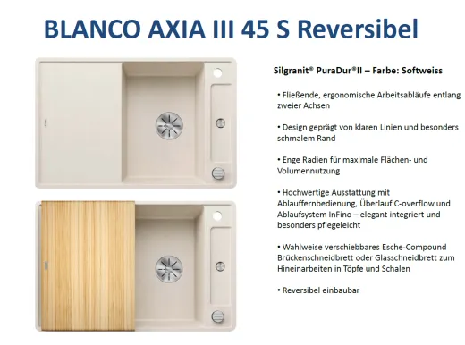 BLANCO Axia III 45 S HSB (Holzschneidbrett) Silgranit PuraDurII Granitsple / Einbausple Ablaufsystem InFino mit Drehknopfventil