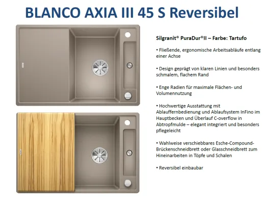 BLANCO Axia III 45 S HSB (Holzschneidbrett) Silgranit PuraDurII Granitsple / Einbausple Ablaufsystem InFino mit Drehknopfventil