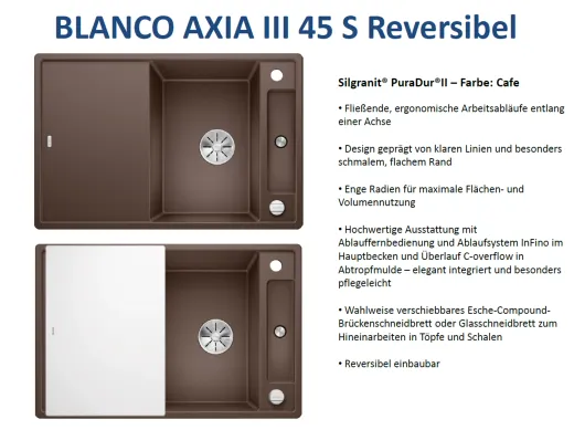 BLANCO Axia III 45 S GSB (Glasschneidbrett) Silgranit PuraDurII Granitsple / Einbausple Ablaufsystem InFino mit Drehknopfventil