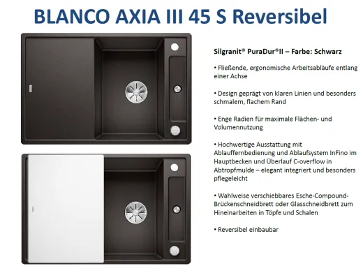 BLANCO Axia III 45 S GSB (Glasschneidbrett) Silgranit PuraDurII Granitsple / Einbausple Ablaufsystem InFino mit Drehknopfventil