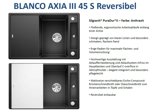 BLANCO Axia III 45 S GSB (Glasschneidbrett) Silgranit PuraDurII Granitsple / Einbausple Ablaufsystem InFino mit Drehknopfventil