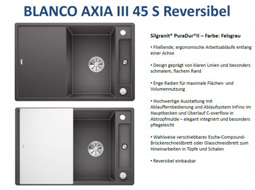 BLANCO Axia III 45 S GSB (Glasschneidbrett) Silgranit PuraDurII Granitsple / Einbausple Ablaufsystem InFino mit Drehknopfventil
