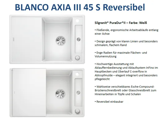 BLANCO Axia III 45 S GSB (Glasschneidbrett) Silgranit PuraDurII Granitsple / Einbausple Ablaufsystem InFino mit Drehknopfventil