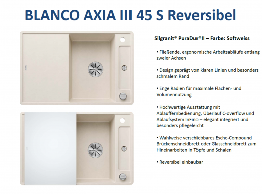 BLANCO Axia III 45 S GSB (Glasschneidbrett) Silgranit PuraDurII Granitsple / Einbausple Ablaufsystem InFino mit Drehknopfventil