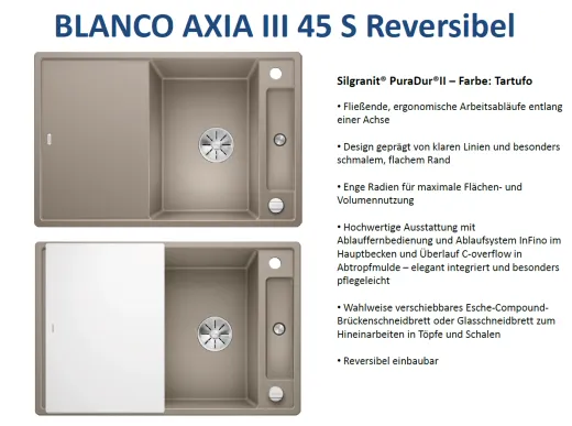 BLANCO Axia III 45 S GSB (Glasschneidbrett) Silgranit PuraDurII Granitsple / Einbausple Ablaufsystem InFino mit Drehknopfventil