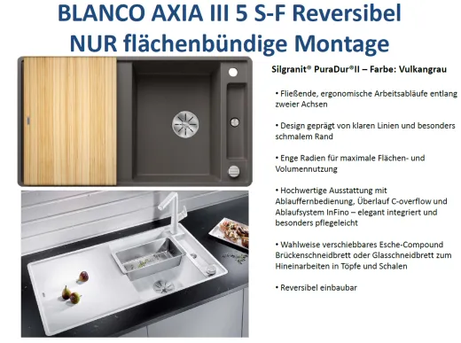 BLANCO Axia III 5 S-F HSB (Holzschneidbrett) Silgranit PuraDurII Granitsple Flchenbndig Ablaufsystem InFino mit Drehknopfventil