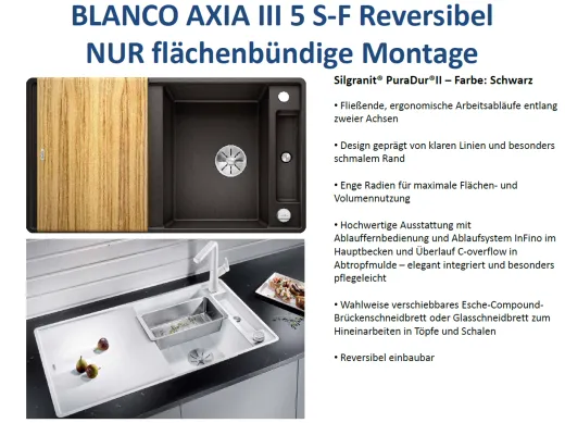 BLANCO Axia III 5 S-F HSB (Holzschneidbrett) Silgranit PuraDurII Granitsple Flchenbndig Ablaufsystem InFino mit Drehknopfventil