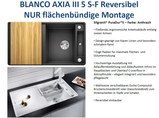BLANCO Axia III 5 S-F HSB (Holzschneidbrett) Silgranit PuraDurII Granitsple Flchenbndig Ablaufsystem InFino mit Drehknopfventil