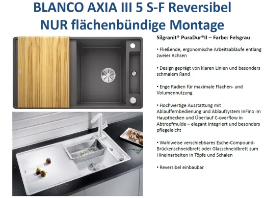 BLANCO Axia III 5 S-F HSB (Holzschneidbrett) Silgranit PuraDurII Granitsple Flchenbndig Ablaufsystem InFino mit Drehknopfventil