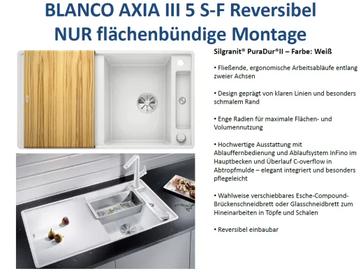 BLANCO Axia III 5 S-F HSB (Holzschneidbrett) Silgranit PuraDurII Granitsple Flchenbndig Ablaufsystem InFino mit Drehknopfventil