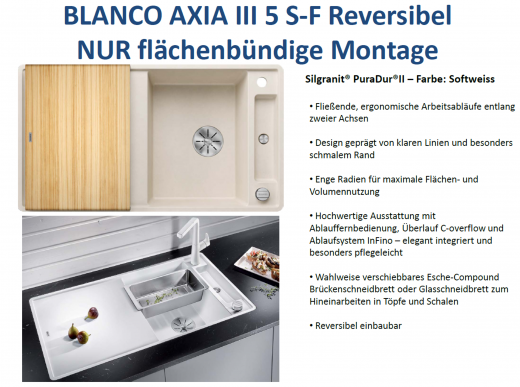 BLANCO Axia III 5 S-F HSB (Holzschneidbrett) Silgranit PuraDurII Granitsple Flchenbndig Ablaufsystem InFino mit Drehknopfventil